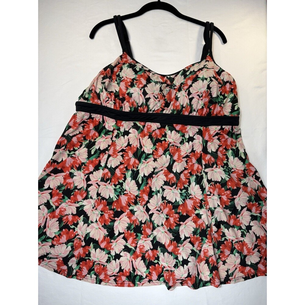 Avenue Plus Size 22 Floral Swimdress One Piece Wide Strap Black Pink Red Green